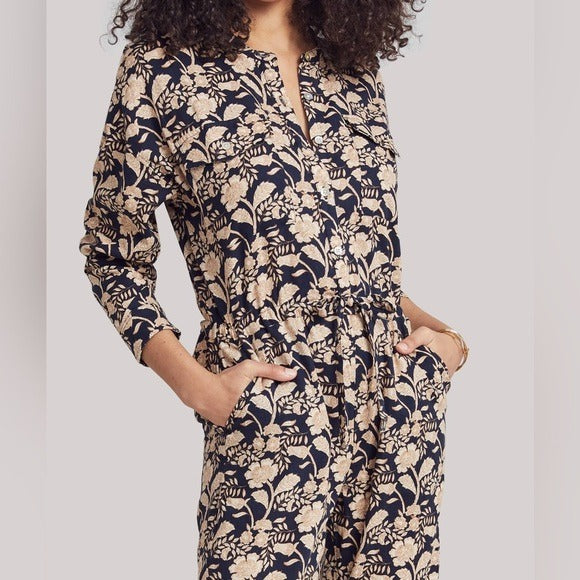 Savoie Floral Linen Blend Long Sleeve Jumpsuit in Navy Avignon Meadow - XL