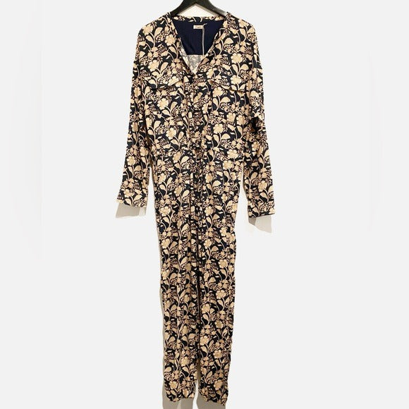 Savoie Floral Linen Blend Long Sleeve Jumpsuit in Navy Avignon Meadow - XL