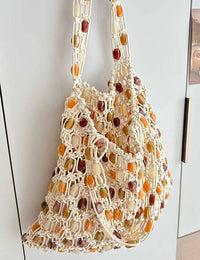 Vintage Handmade Beaded Woven Shoulder Bag Beige-Small