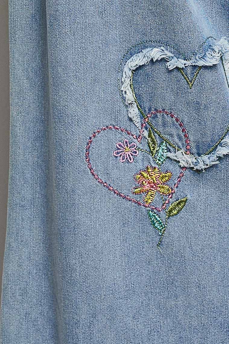 Heart Floral Print Patch Wide Denim Pants