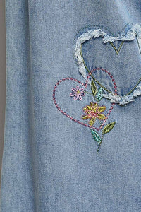 Heart Floral Print Patch Wide Denim Pants