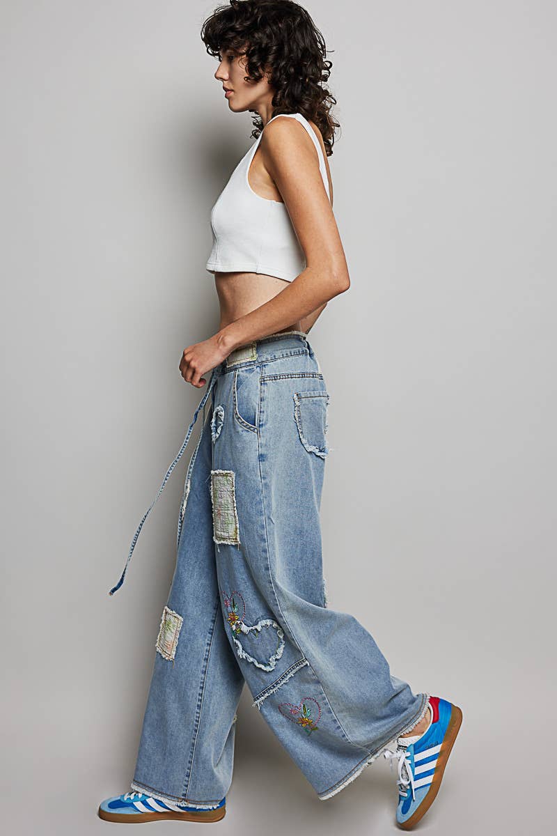 Heart Floral Print Patch Wide Denim Pants