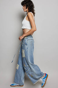 Heart Floral Print Patch Wide Denim Pants