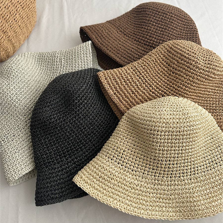 Minimalist Foldable Raffia Straw Bucket Hat in Coffee