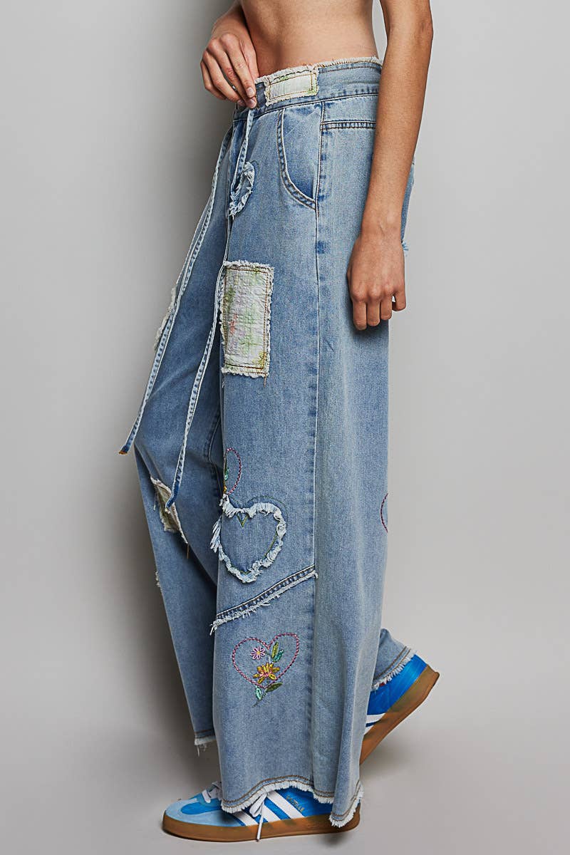 Heart Floral Print Patch Wide Denim Pants