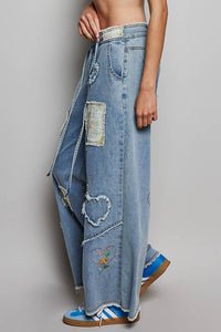 Heart Floral Print Patch Wide Denim Pants