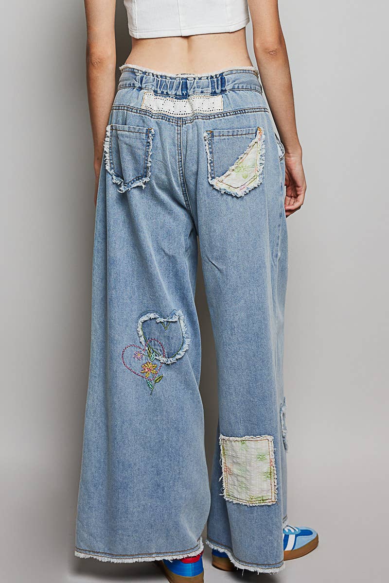 Heart Floral Print Patch Wide Denim Pants