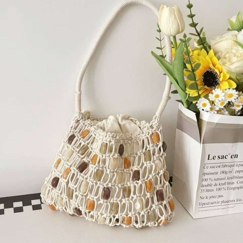 Vintage Handmade Beaded Woven Shoulder Bag Beige-Small