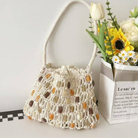 Vintage Handmade Beaded Woven Shoulder Bag Beige-Small
