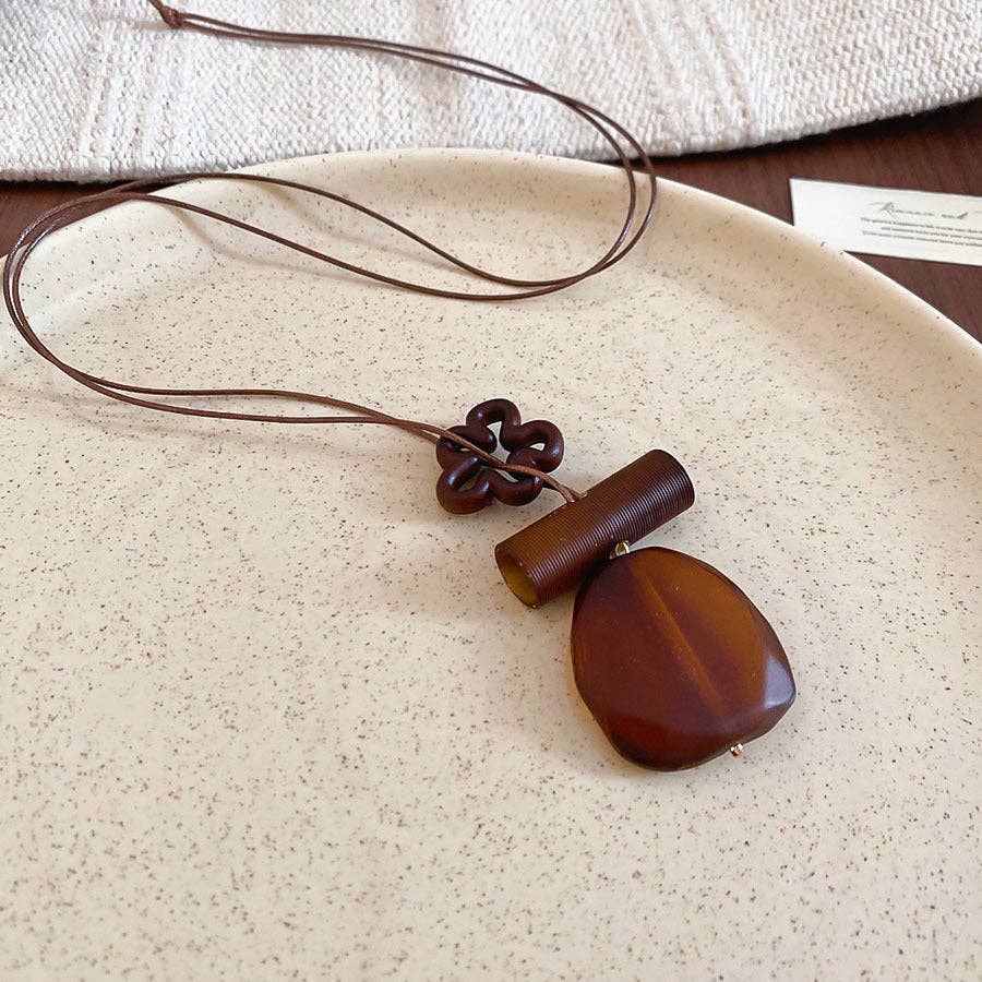 Vintage Geometric Resin Pendant Beaded Braided Necklace in Coffee