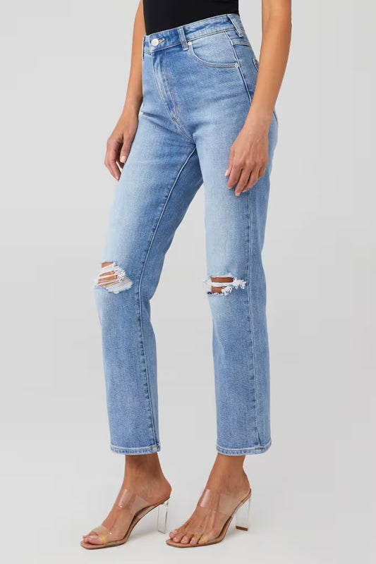 High Rise Straight Bleeker Jeans in Distressed Vintage Blue