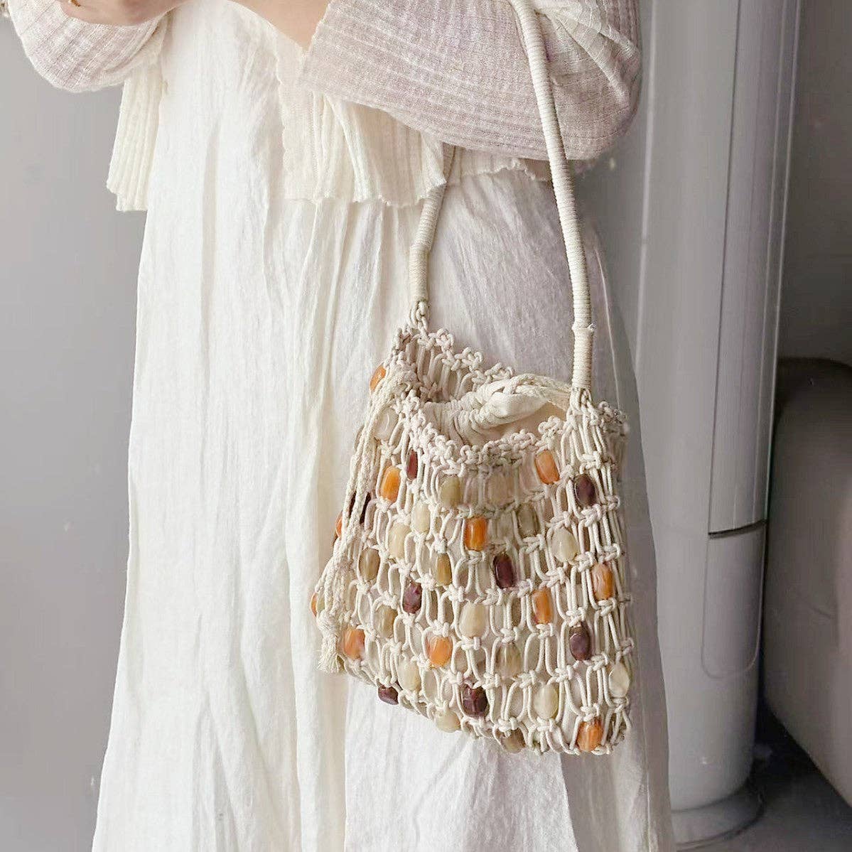 Vintage Handmade Beaded Woven Shoulder Bag Beige-Small