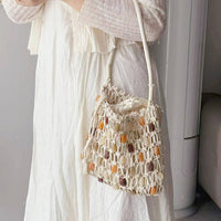 Vintage Handmade Beaded Woven Shoulder Bag Beige-Small