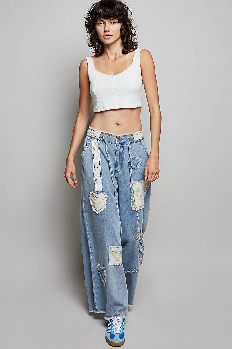 Heart Floral Print Patch Wide Denim Pants