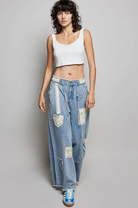 Heart Floral Print Patch Wide Denim Pants