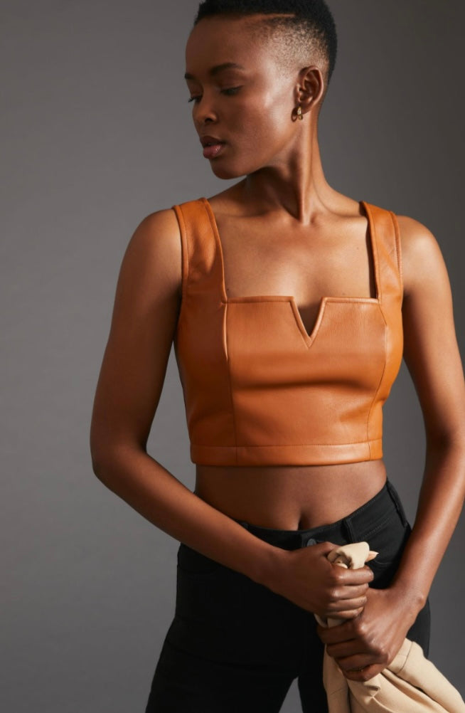 Maeve Tan Faux Leather Notch Crop Top