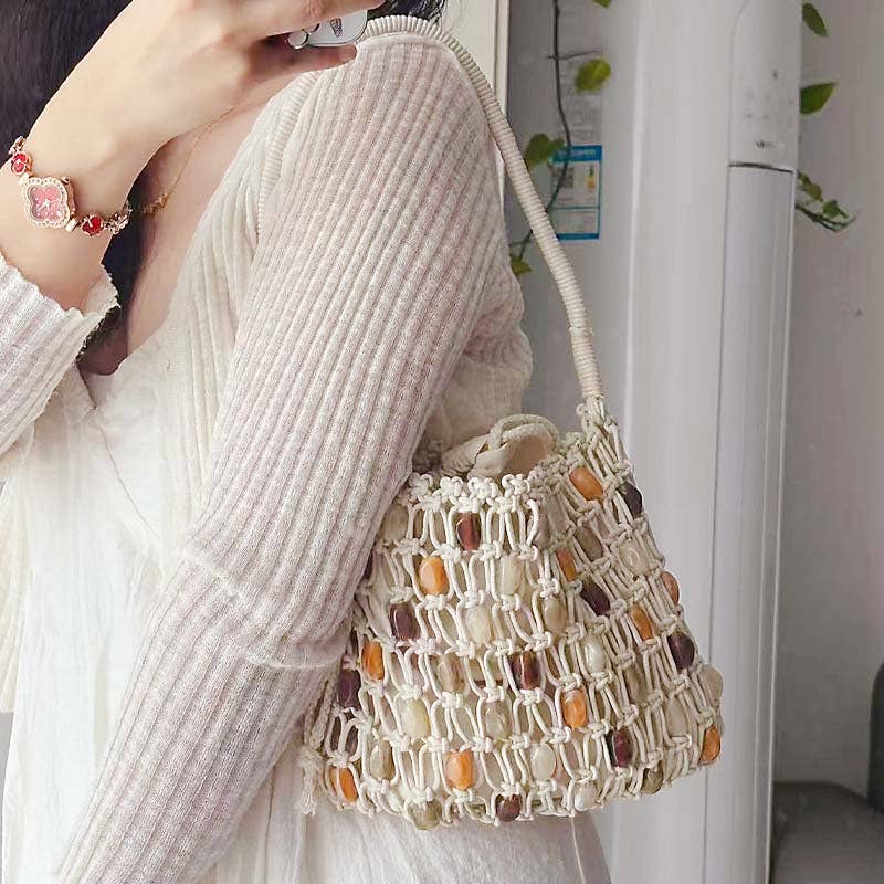 Vintage Handmade Beaded Woven Shoulder Bag Beige-Small