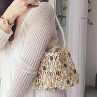 Vintage Handmade Beaded Woven Shoulder Bag Beige-Small