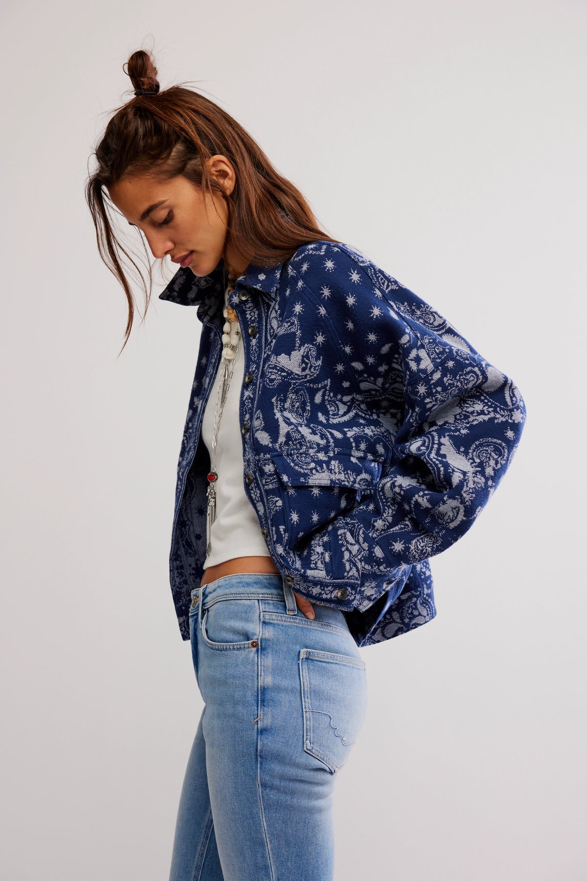 Bandana Jacquard Shirt Jacket in Indigo Combo