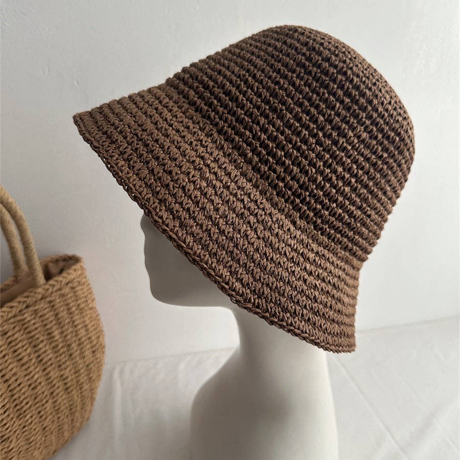 Minimalist Foldable Raffia Straw Bucket Hat in Coffee