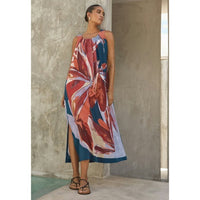 Printed Silk Sleeveless Dress in Coral Petrol - 12