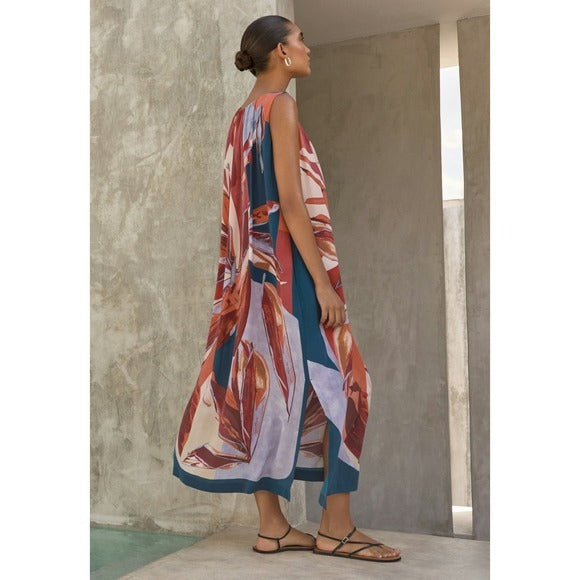 Printed Silk Sleeveless Dress in Coral Petrol - 12