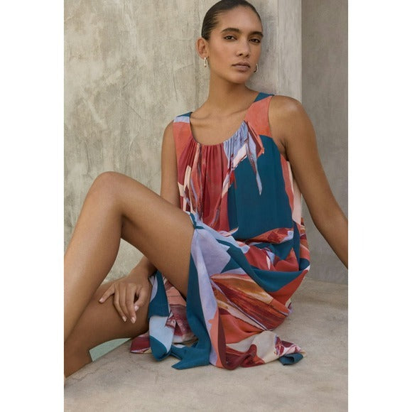 Printed Silk Sleeveless Dress in Coral Petrol - 12