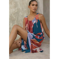 Printed Silk Sleeveless Dress in Coral Petrol - 12
