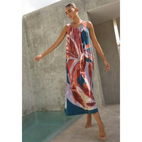 Printed Silk Sleeveless Dress in Coral Petrol - 12