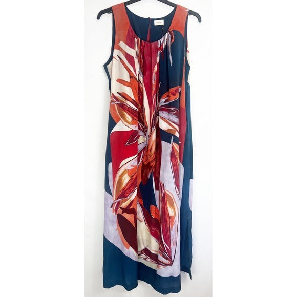 Printed Silk Sleeveless Dress in Coral Petrol - 12