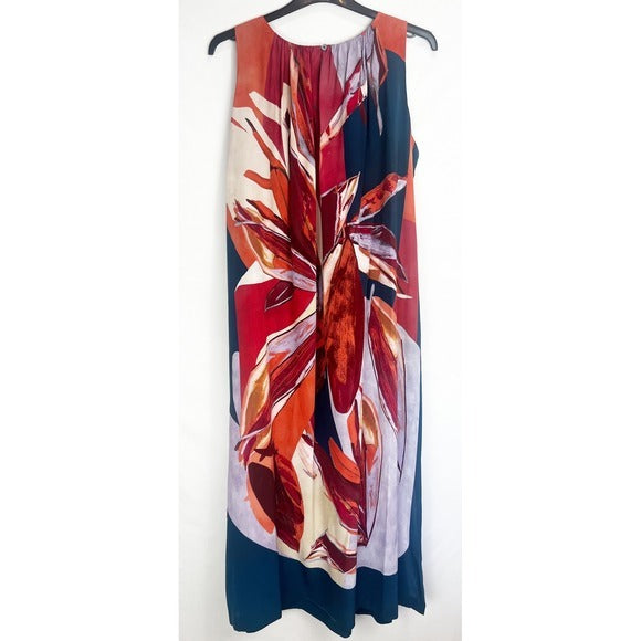 Printed Silk Sleeveless Dress in Coral Petrol - 12