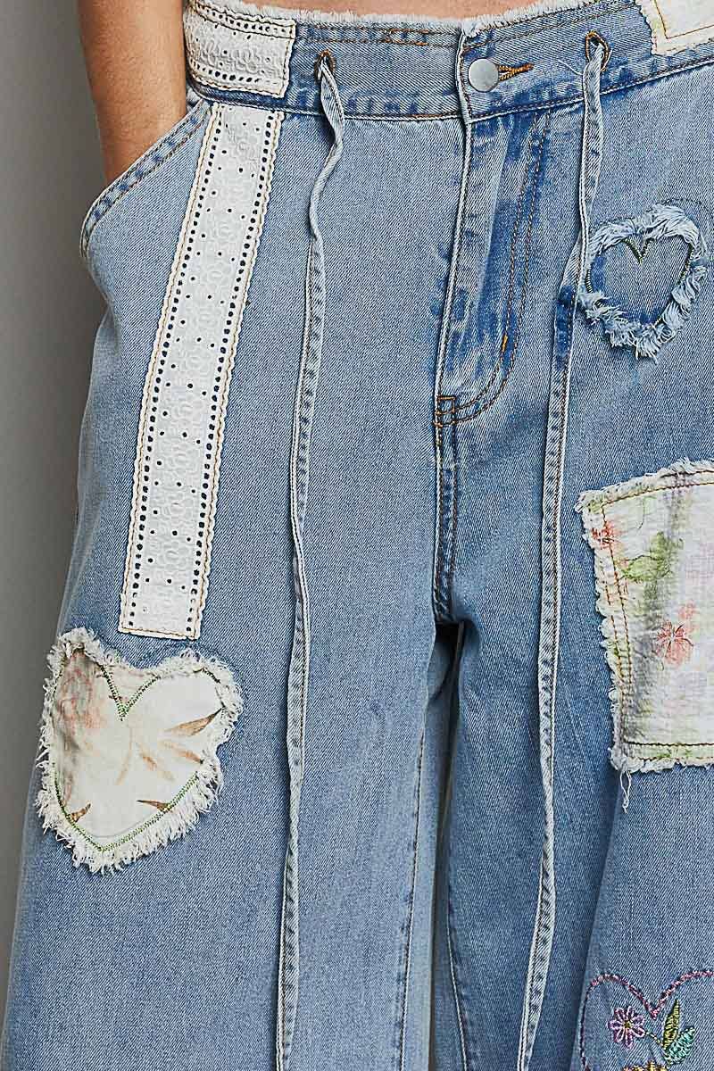 Heart Floral Print Patch Wide Denim Pants