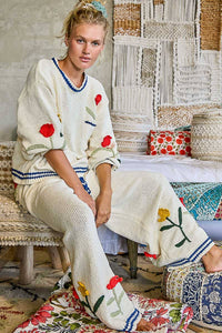 3D Embroidered Balloon Sleeve Relaxed Fit Chenille Sweater