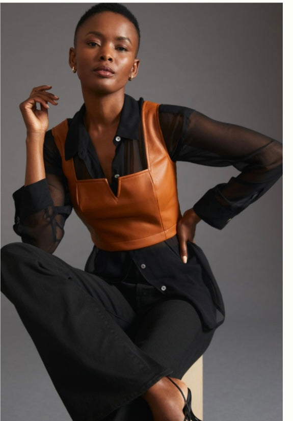 Maeve Tan Faux Leather Notch Crop Top