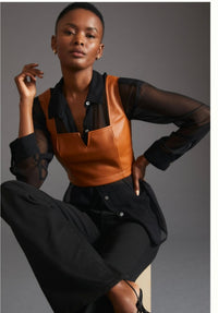 Maeve Tan Faux Leather Notch Crop Top