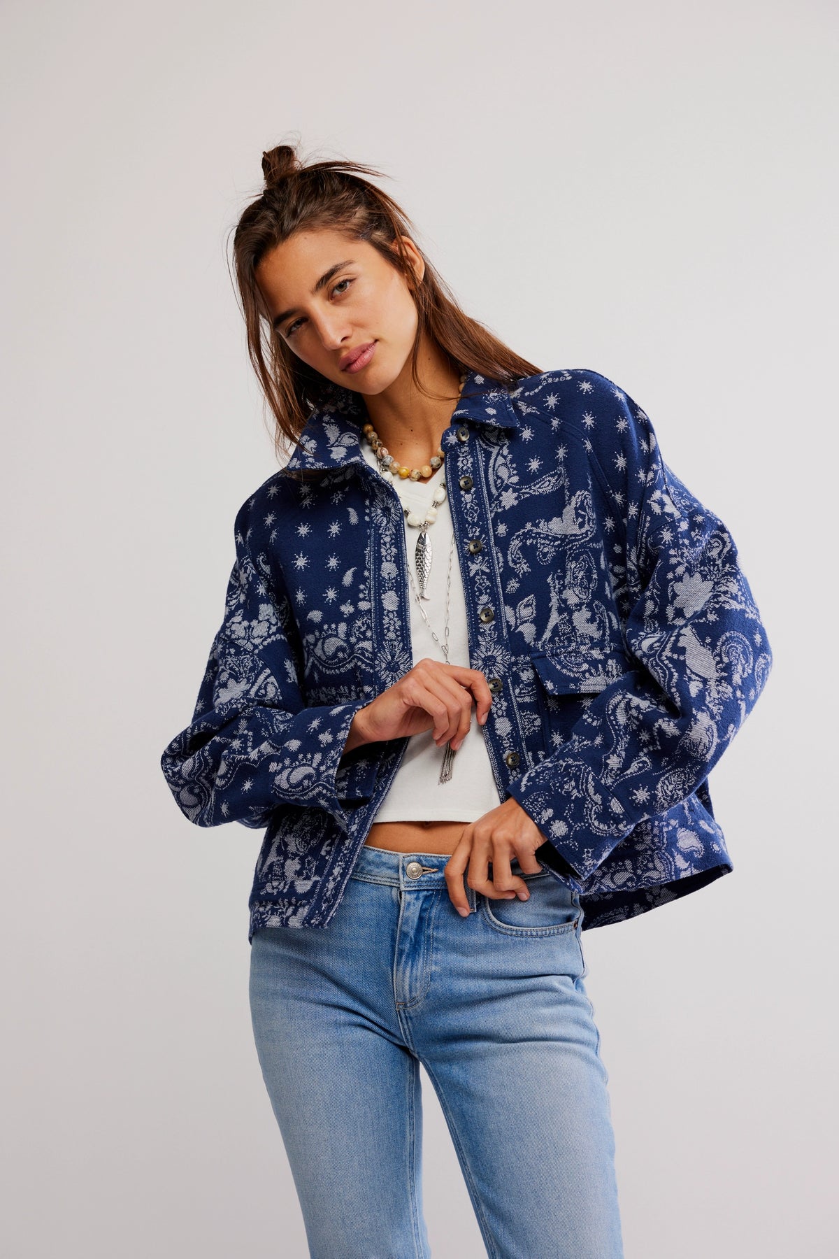 Bandana Jacquard Shirt Jacket in Indigo Combo