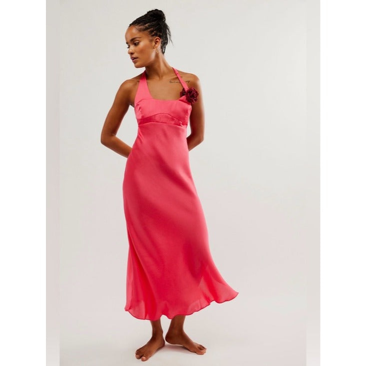 Happy Hour Satin Midi Dress in Strawberry Spritz - XL