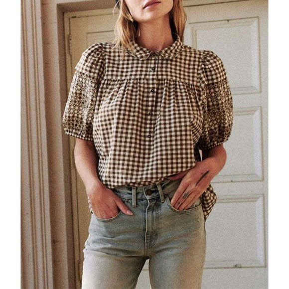 The Cross-Stitch Embroidered Mare Top in Army/White Gingham - 0