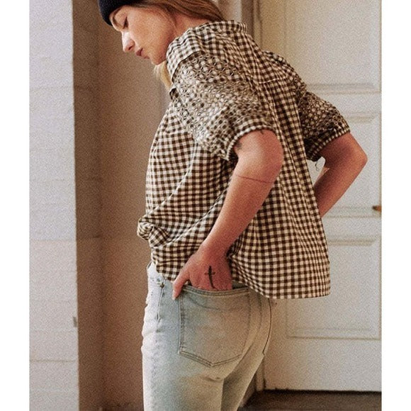 The Cross-Stitch Embroidered Mare Top in Army/White Gingham - 0