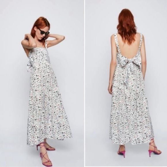 White Floral Bow Tie Maxi Dress Size XS