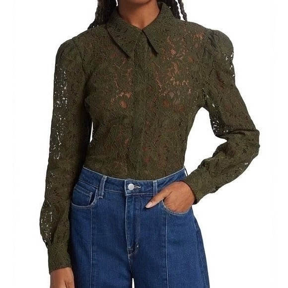 Jenica Lace Button Down Blouse in Army - Medium