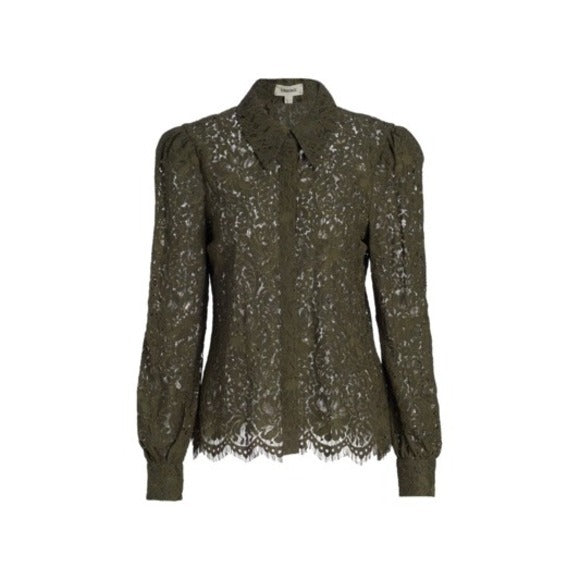 Jenica Lace Button Down Blouse in Army - Medium