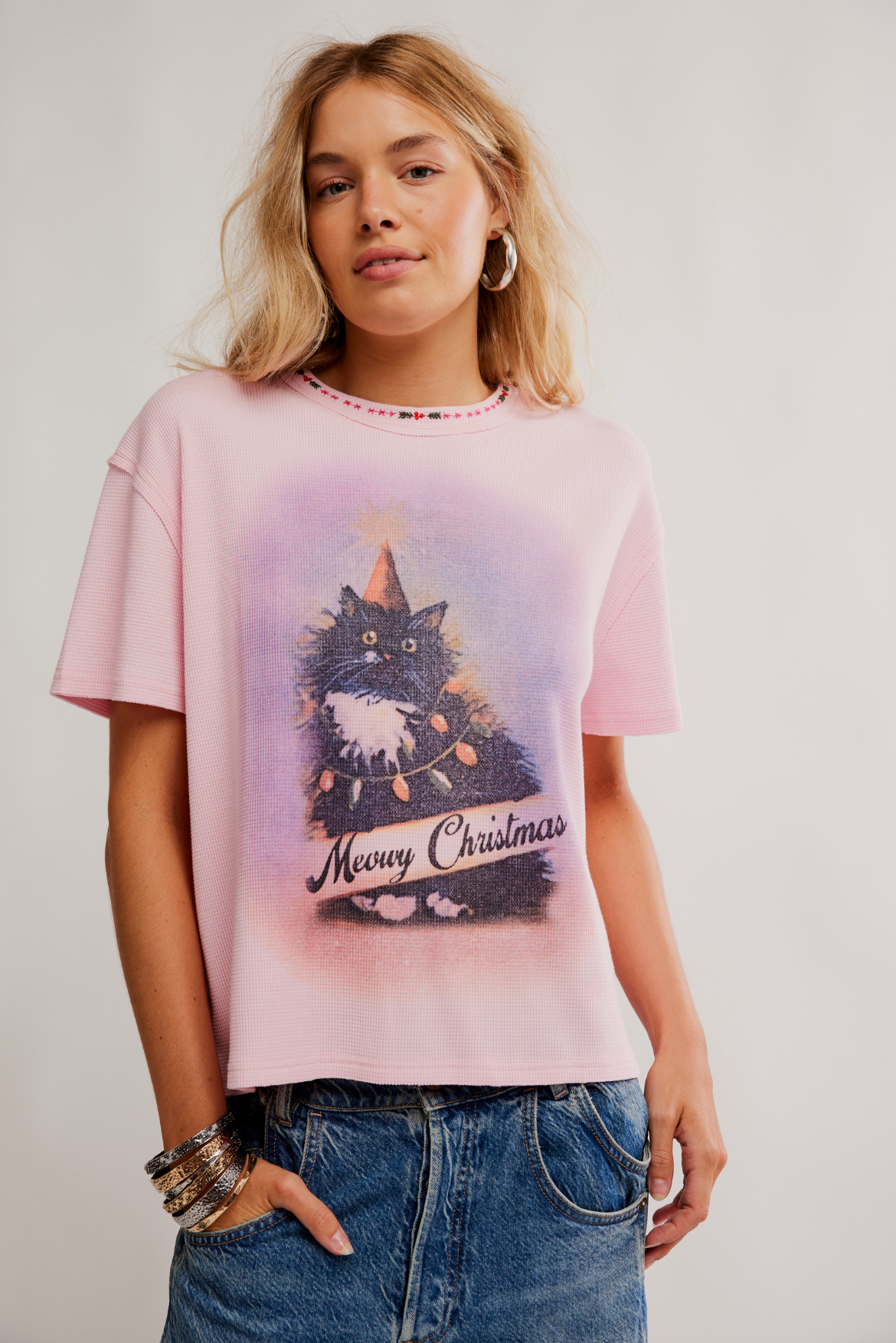 Merry Meowy Tee in Pink Combo