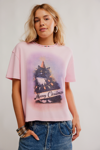 Merry Meowy Tee in Pink Combo