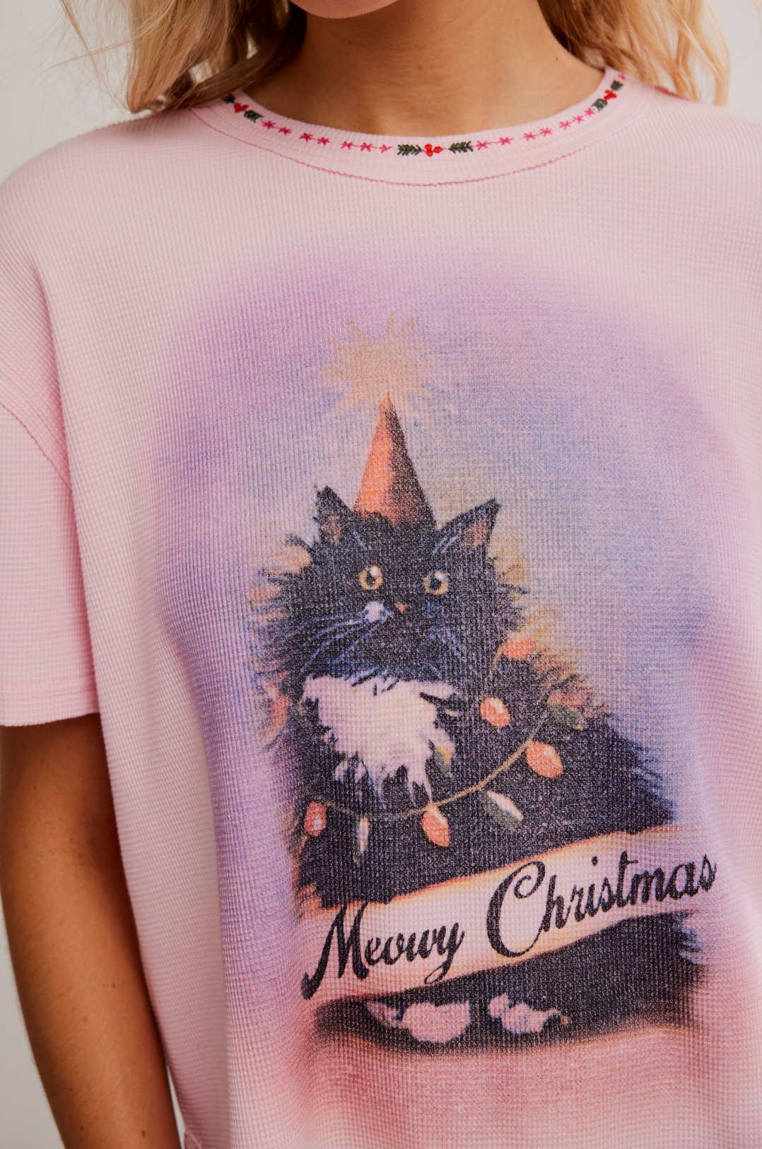 Merry Meowy Tee in Pink Combo
