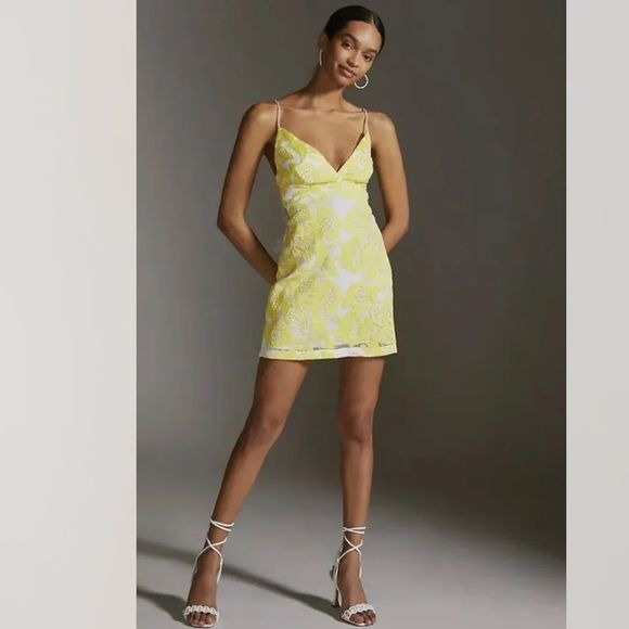 Maeve Strappy Lace Mini Dress in Yellow Size 10
