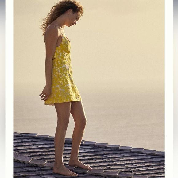 Maeve Strappy Lace Mini Dress in Yellow Size 10