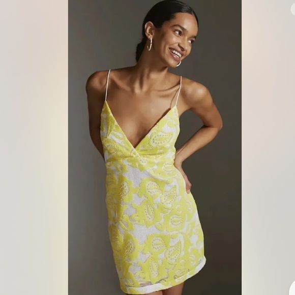 Maeve Strappy Lace Mini Dress in Yellow Size 10