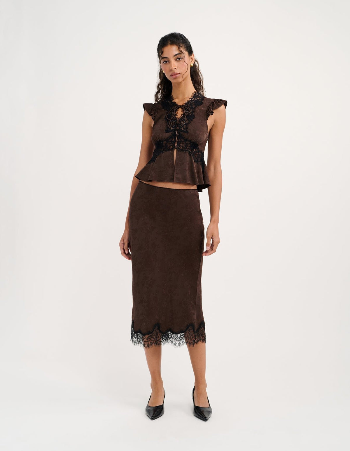 Lady Lace Midi Skirt in Espresso Jacquard