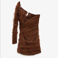 NWT Brown Tulle One Shoulder Dress Size Small